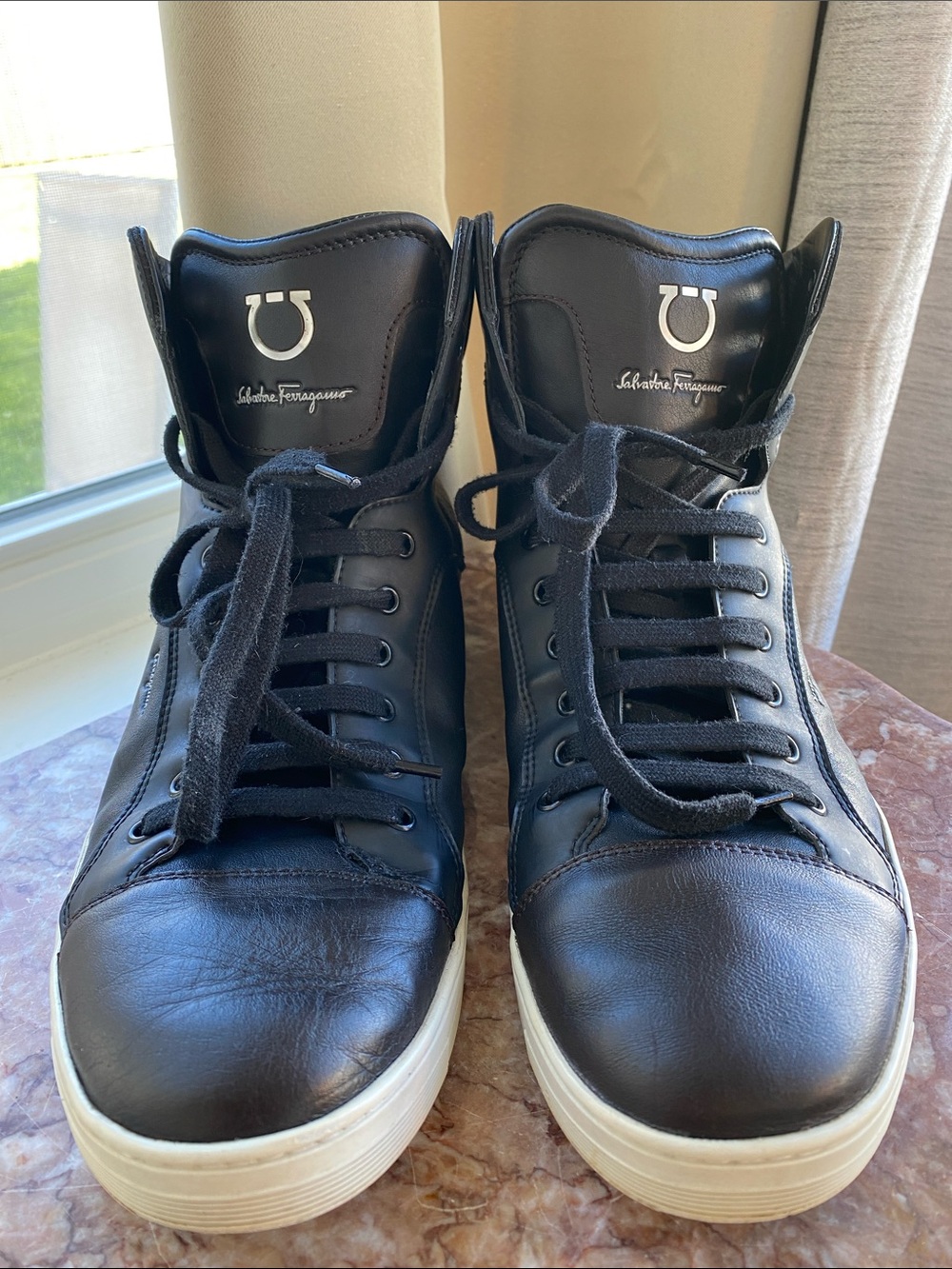 Salvatore Ferragamo Black Leather High-Top Sneakers with White Sole - size 12